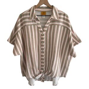 Ruby Rd. Gauzy Button Up Shirt Large Short Sleeve Collared 100% Cotton Coastal